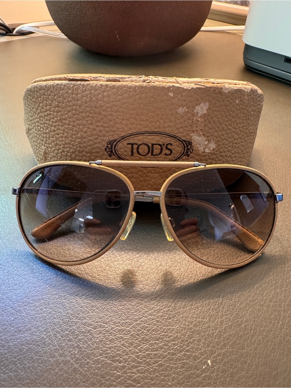 Tod's Brown Gradient Aviator Sunglasses with Leather Trim